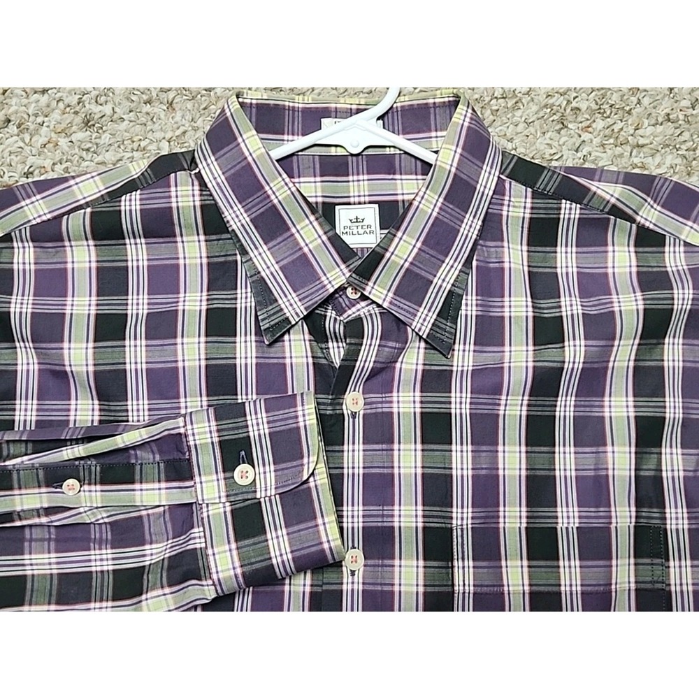 Peter Millar Mens XL Purple Plaid 100% Cotton Button Down Shirt MF13W18CHL